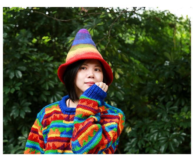 pointed wool hat handmade wool felt rainbow wizard felt hat