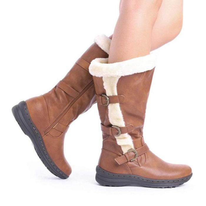 Women Round Toe Snow Boots Pu Casual Chunky Heel Shoes