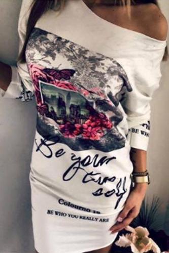 One Shoulder  Letters Printed  Long Sleeve Bodycon Dresses