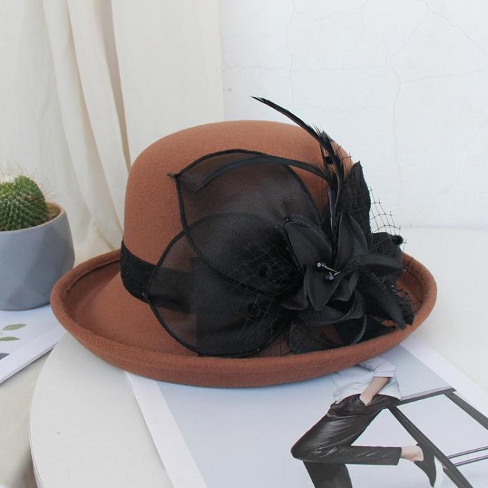 Autumn Winter Fashion Elegant Dome Ladies Woolen Hat Feather Mesh Gauze Flower Felt Hat