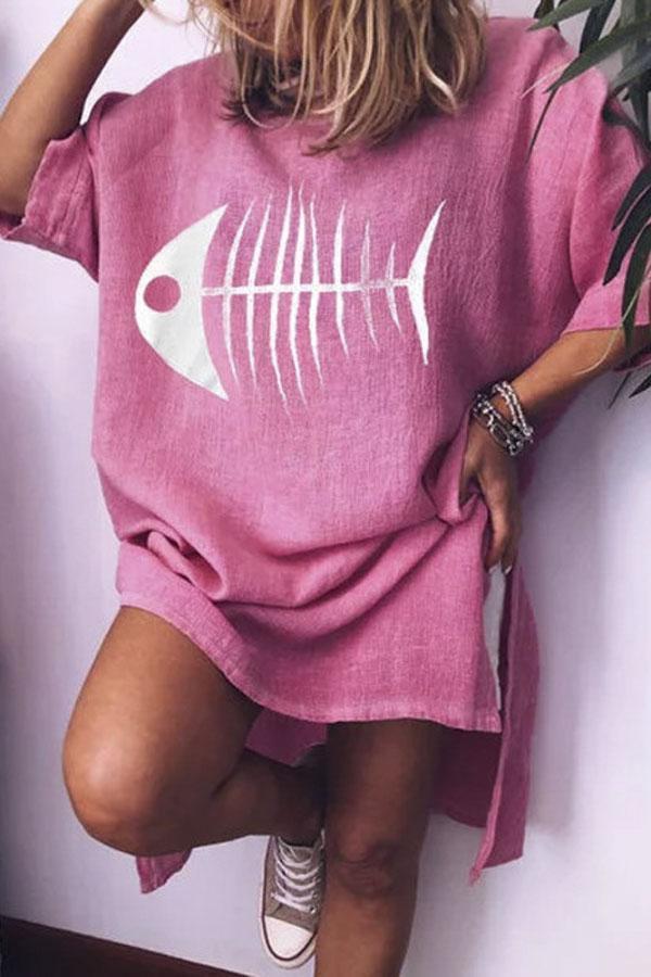 Fishbone Print Scoop Neck Casual T-shirt