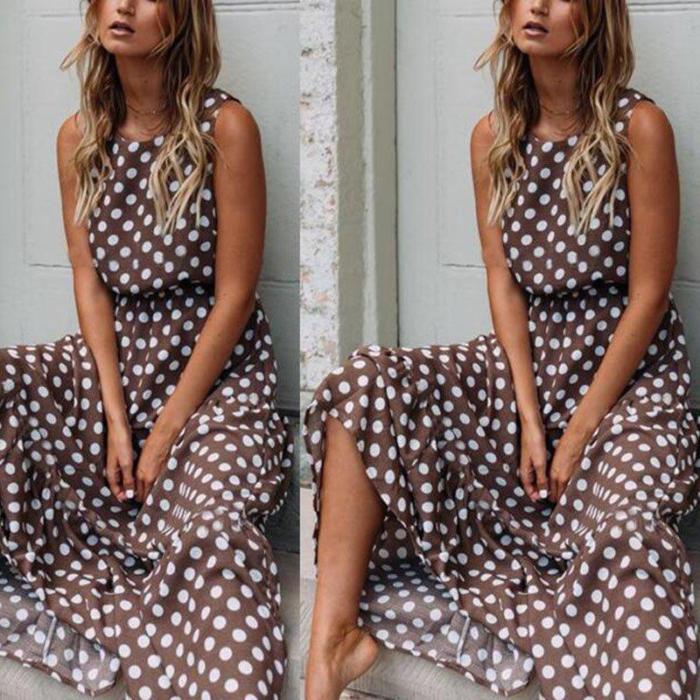 Coffee Polka Dots Round Neck Casual Maxi Dresses