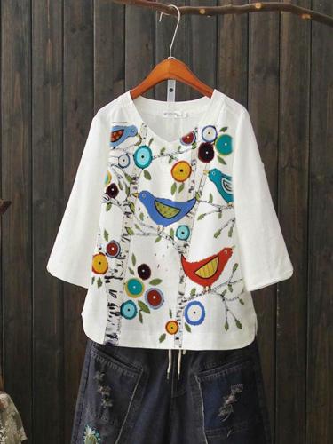 White Cotton-Blend Pastoral Leaves Shirts & Tops
