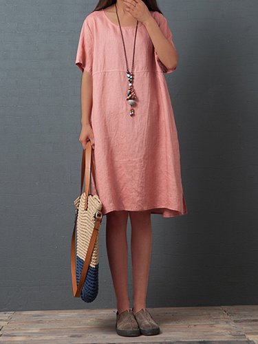 Plus Size Short Sleeve Round Neck Solid Casual  Midi  Dress