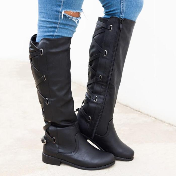 Black PU Chunky Heel Zipper Casual Winter Boots