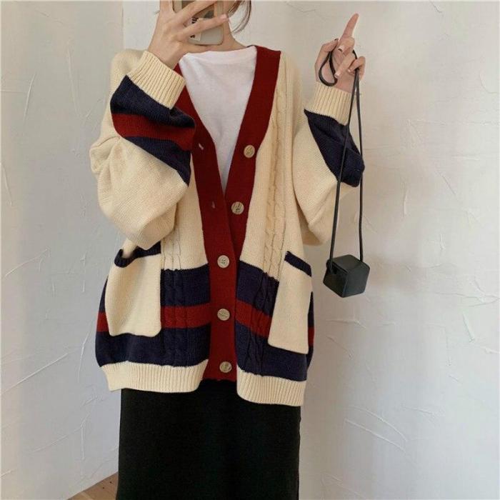 Long Sleeve V Neck Knitted Cardigan Loose plus size Pocket Outwear