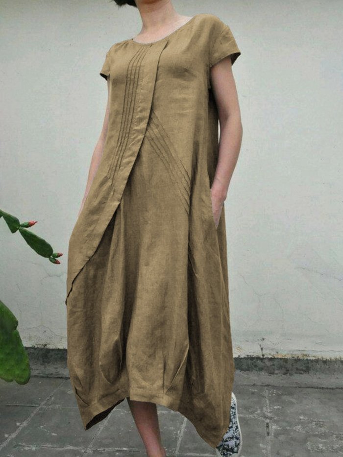 Summer Linen  Pockets Pleated Swing Solid Dresses