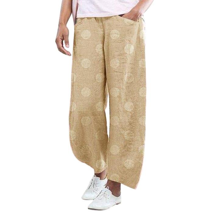 Dot Printed Pants Trousers Women Cotton Linen Wide Pants Elastic Waist Loose Pantalon Plus Size Pant
