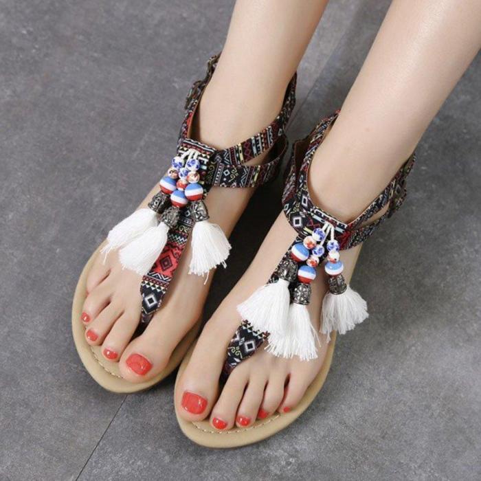 Women Casual Flat Summer Tassel Boho Sandals