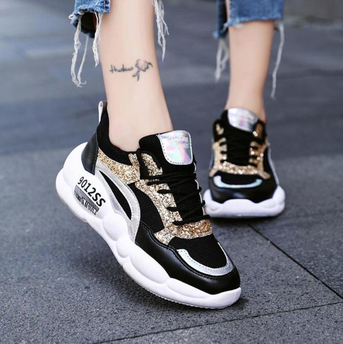 Casual Fashion Paillette Lace-Up Platform Shoes Sneakers