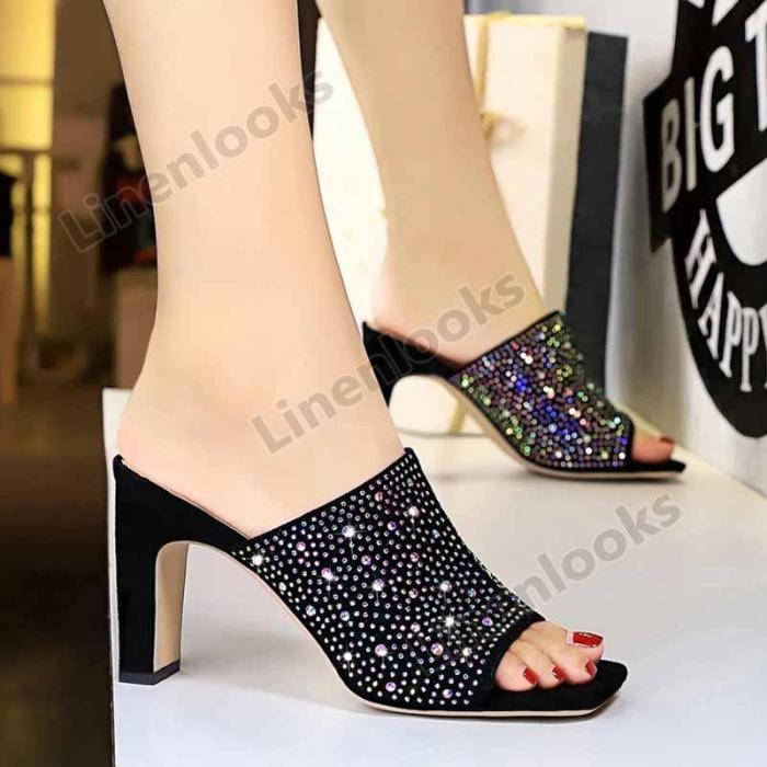 Summer Women Fashion Slippers High Heel Square Open Toe Slippers