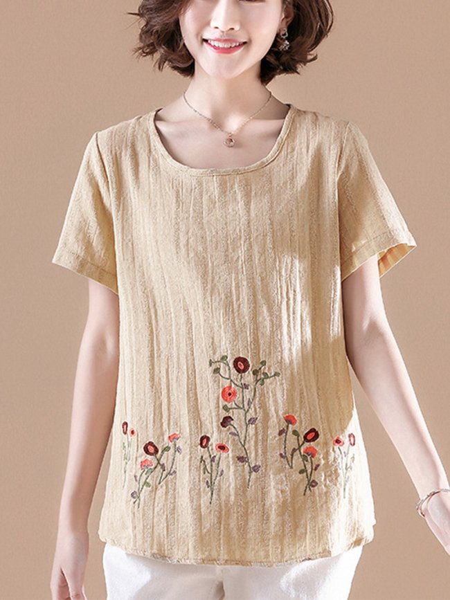 Embroidered Short Sleeve Cotton-Blend T-shirts