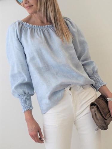 Cotton-Blend Casual Long Sleeve Solid Shirts & Tops