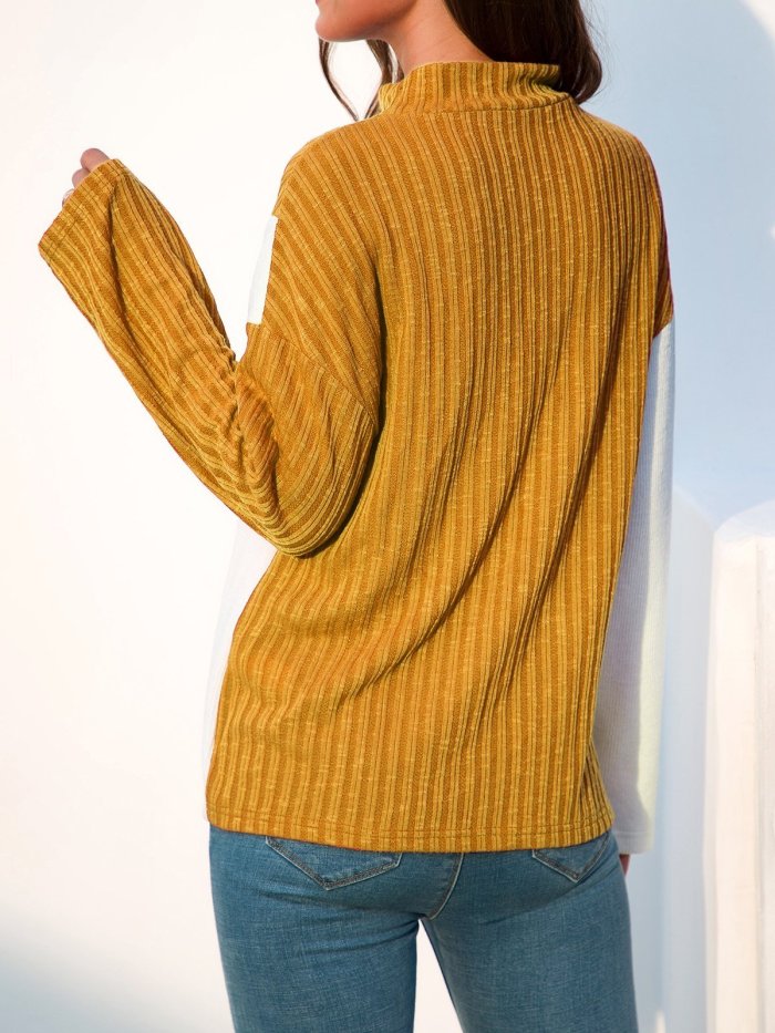 Color-Block Paneled Long Sleeve Stand Collar Shift Sweaters