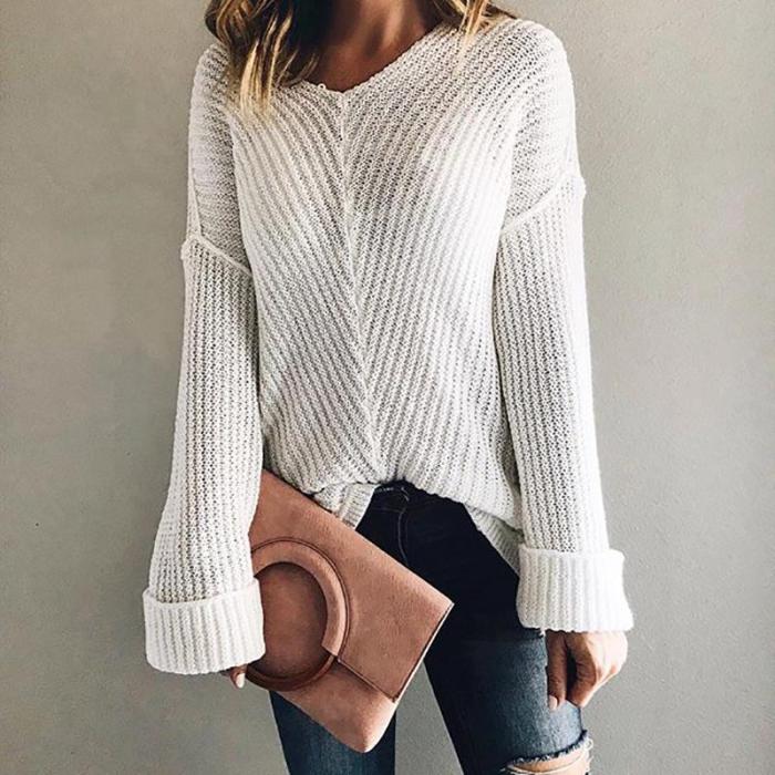 Brief V Neck Long Sleeve Pure Colour Hollow Out Sweater