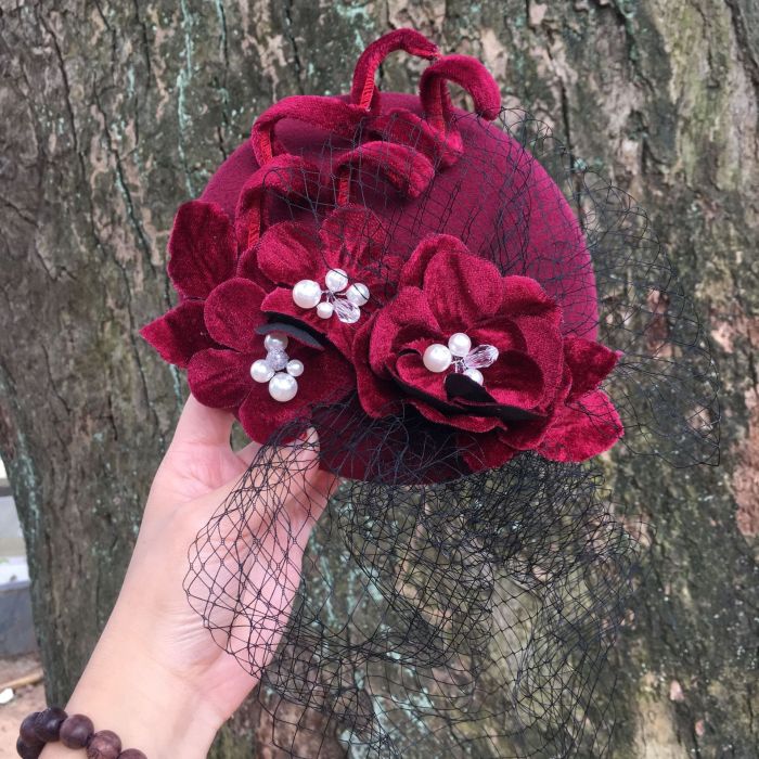 Antique Handmade Flower Decoration Woolen Hat Dress Hat Accessories