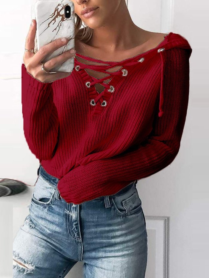 V Neck Casual Lace Up Solid Sweater