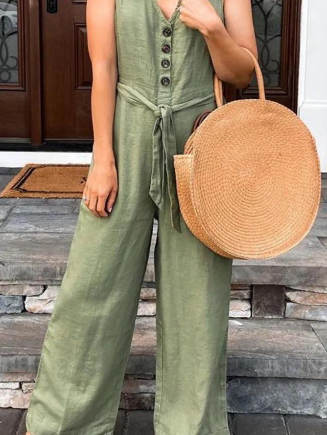 Green Casual Sleeveless Buttoned Jumpsuits
