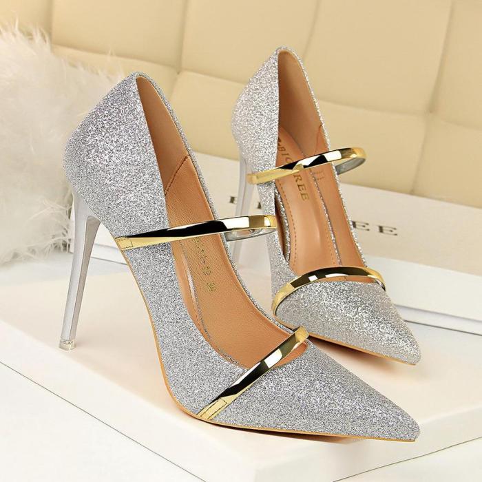 Elegant Sequined Pointed Toe Ladies High Heels Office Sexy Wedding Shoes
