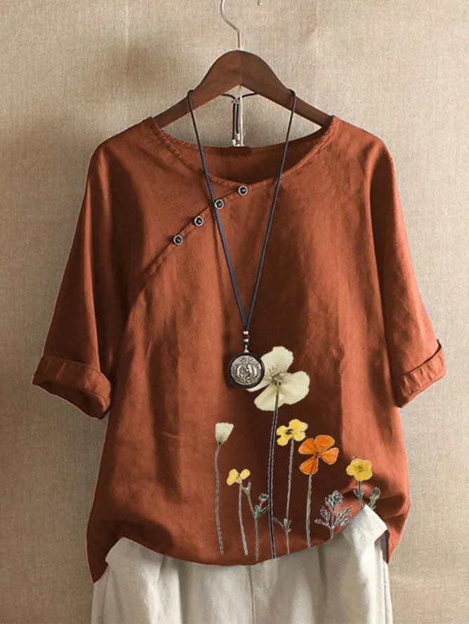 Floral 3/4 Sleeve Casual Round Neck Shirts & Tops