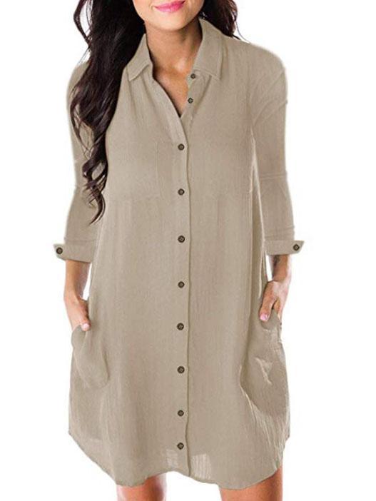 Cotton-Blend Casual Long Sleeve Solid Dresses