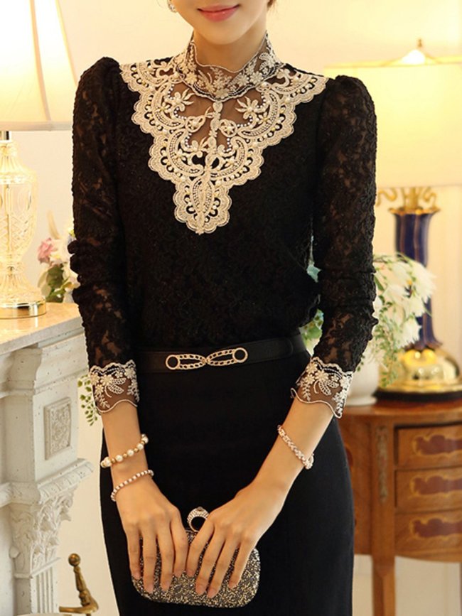 Lace Beaded Embroidered Long Sleeve Elegant Blouse