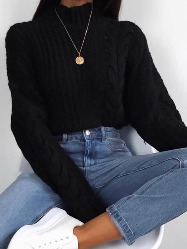 Casual High Collar Black Twist Loose Knit Sweater