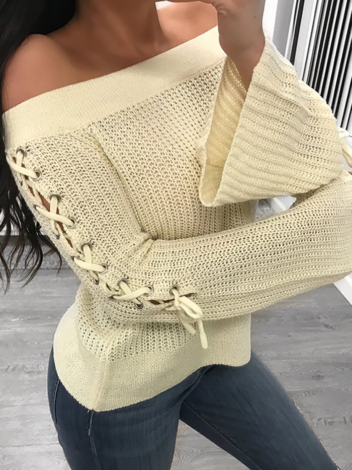 Cream Sexy Cold Shoulder Solid Acrylic Sweater
