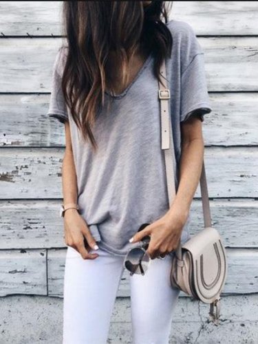 Casual Short Sleeve V Neck Solid Shirts