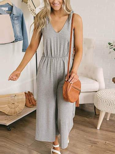 Women Casual V-neck Sleeveless Pure Color Pleated Jumpsuit