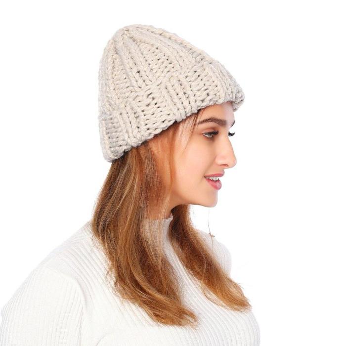 Pure-Color Curled Coarse Wool Cap Warming Knitted Beanies
