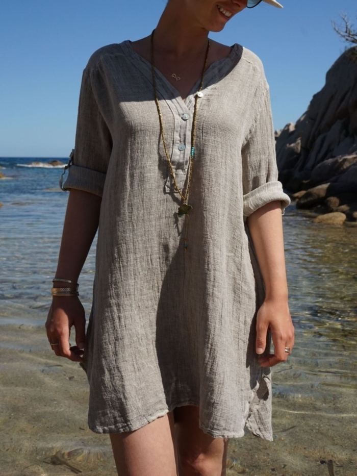 Gray V Neck Solid Long Sleeve Cotton Dresses