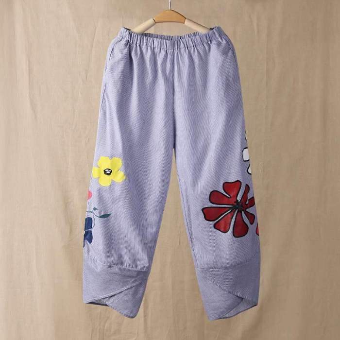 Plus Size Vintage Flowers Printed Pants Women's Pants Long Trousers Cotton Stripe Pockets Pantalones Streetwear