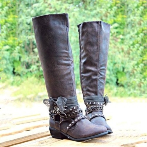 Winter Vintage Chunky Heel Buckle Strap Boots