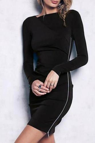 Oblique Collar Pure Color Long Sleeve Package Hip Bodycon Dress