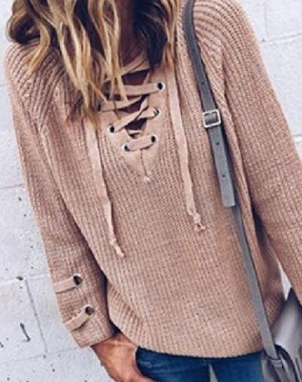 2020 Autumn Pullovers Women Knitted Lace-up Sweater Striped Bandage Cross Ties Knitwear V Neck Loose Casual Long Jumper Womens