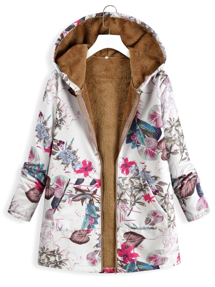 Plus Size Floral Printed Casual Hoodie Coat