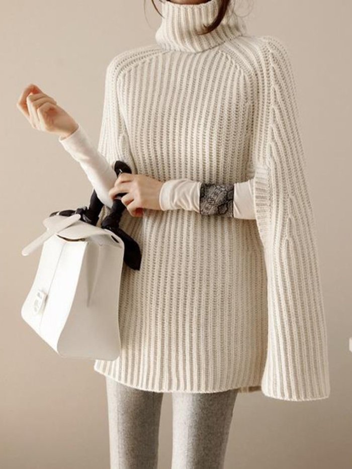 Turtleneck Slit Solid Knitted Casual Cape Sleeve Sweater