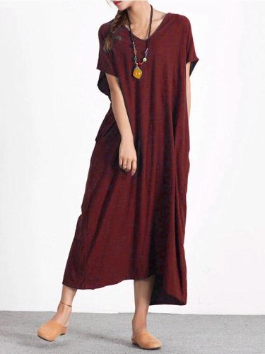 Casual Pure Color Button Back Short Sleeve Loose Dresses For Women