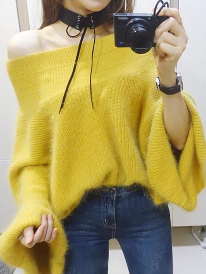 Fashion Pure Colour   Off-Shoulder Sweater