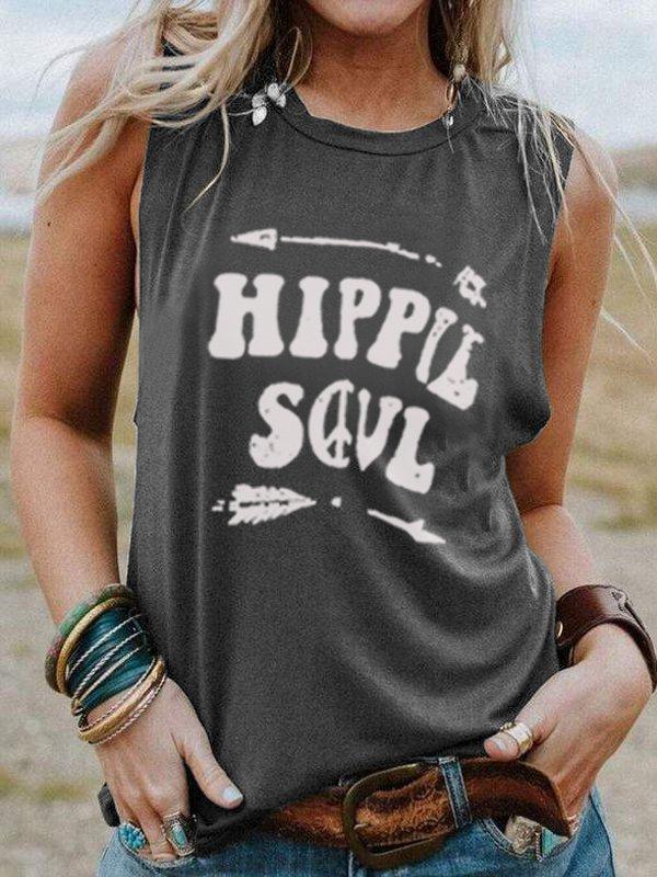 Round Neck Sleeveless Letter Print Casual Top