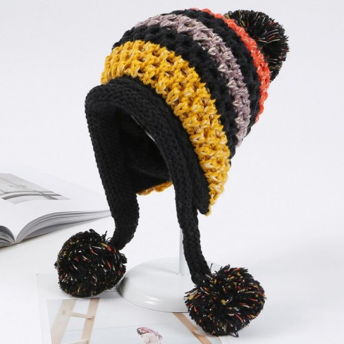 Winter Knitted Hats Women Patchwork Pompon Balls Earflap Caps Ladies Warm Thick Winter Beanies