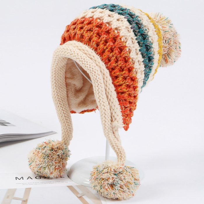 Winter Knitted Hats Women Patchwork Pompon Balls Earflap Caps Ladies Warm Thick Winter Beanies
