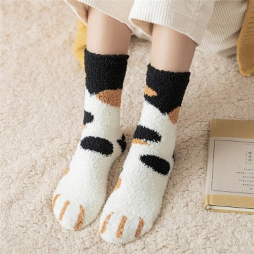 Coral Fleece Socks Female Tube Socks New Autumn And Winter Cat Claws Cute Thick Warm Sleeping Floor Sleep Socks