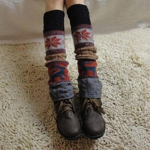 Fashion Leg Warmers Women Printed Embroidery Warm Knee Socks Warmer Warm Knit Socks Winter Cuffs High Long Leg Boot Crochet
