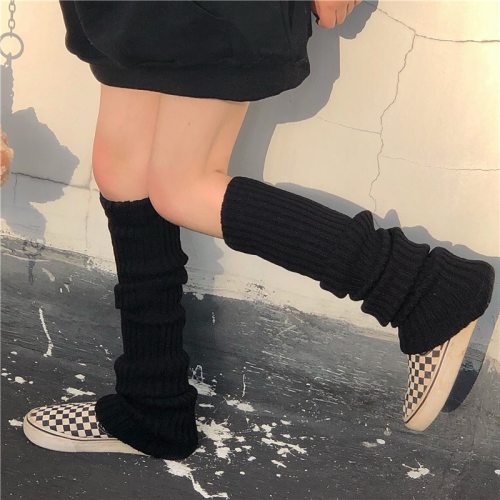 Solid Black Cool Knit Long Socks Women Outdoor Knee High Elastic Leg Warmers