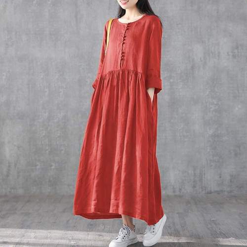 Women's Casual Sundress Fashion Linen Shirt Dress Spring Long Sleeve