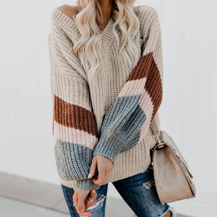 V Neck Striped Patchwork Sleeve Knit Sweater Women Loose Pullover Fall Sweaters Fashion New