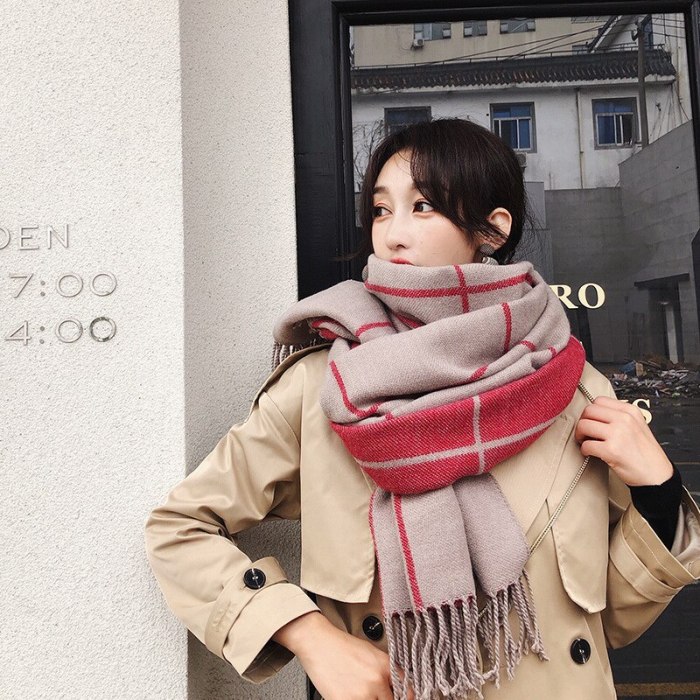 Gray Plaid Scarf for Women Winter  Ladies Tippet