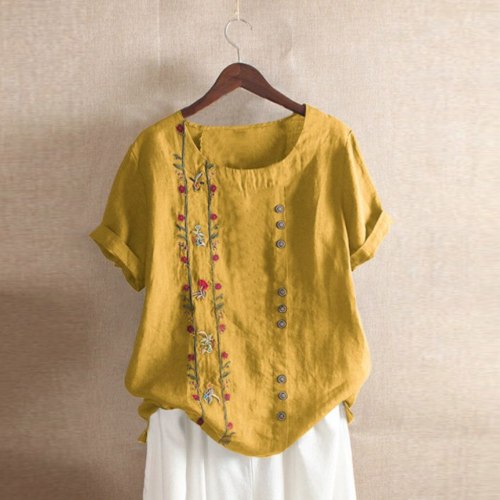 Cotton And Linen Women Bohemian Floral Embroidered T-shirt